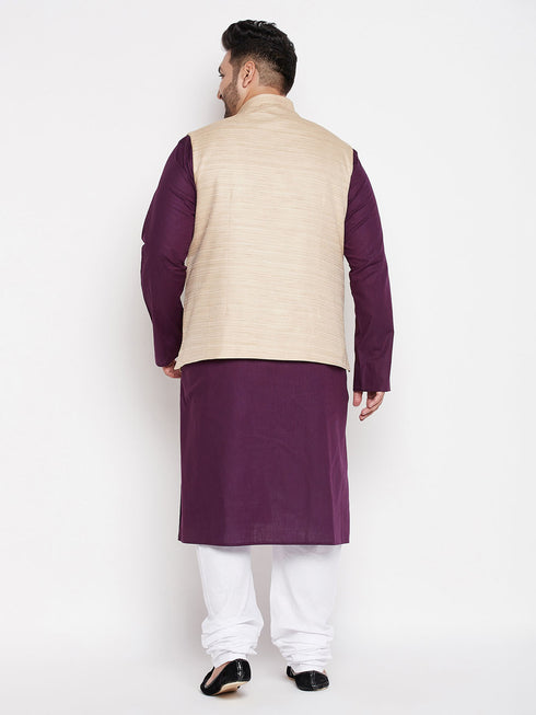 Men's Plus Size Beige Solid Jacket With Purple Solid Kurta And White Pyjama Set