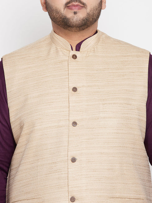 Men's Plus Size Beige Solid Jacket With Purple Solid Kurta And White Pyjama Set