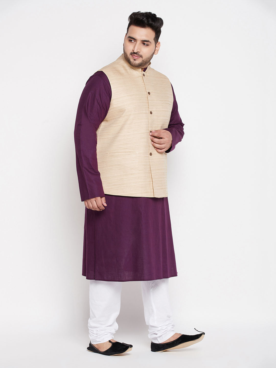 Men's Plus Size Beige Solid Jacket With Purple Solid Kurta And White Pyjama Set