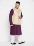 Men's Plus Size Beige Solid Jacket With Purple Solid Kurta And White Pyjama Set