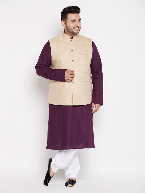Men's Plus Size Beige Solid Jacket With Purple Solid Kurta And White Pyjama Set