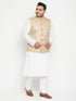 Men's Plus Size White And Beige Cotton Blend Jacket Kurta Pyjama Set