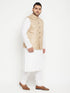 Men's Plus Size White And Beige Cotton Blend Jacket Kurta Pyjama Set