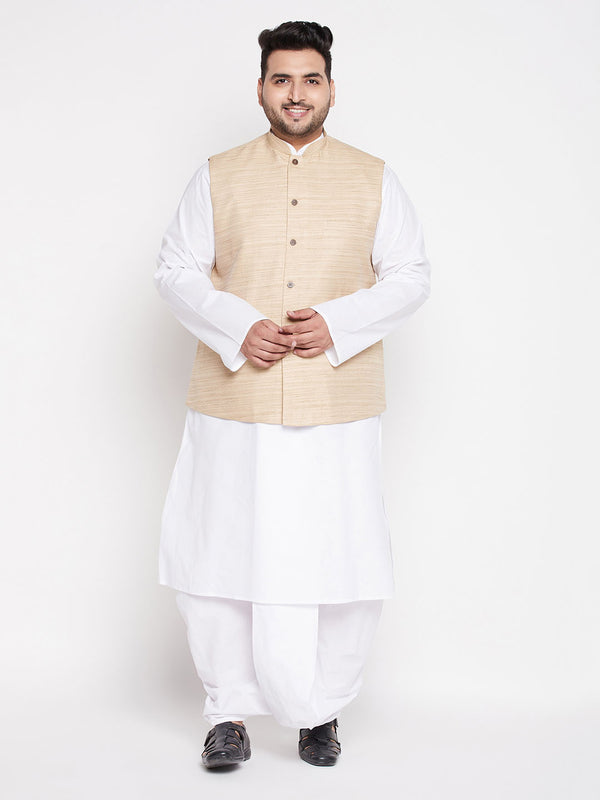 Men's Plus Size Beige Cotton Blend Jacket With White Kurta And Dhoti Set