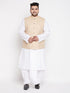 Men's Plus Size Beige Cotton Blend Jacket With White Kurta And Dhoti Set