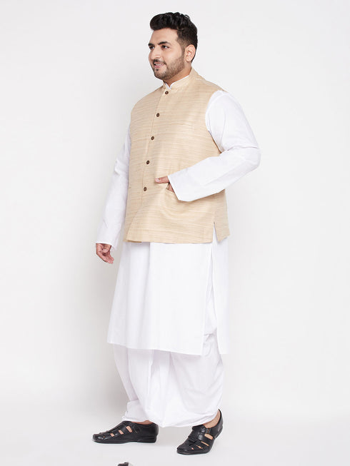 Men's Plus Size Beige Cotton Blend Jacket With White Kurta And Dhoti Set