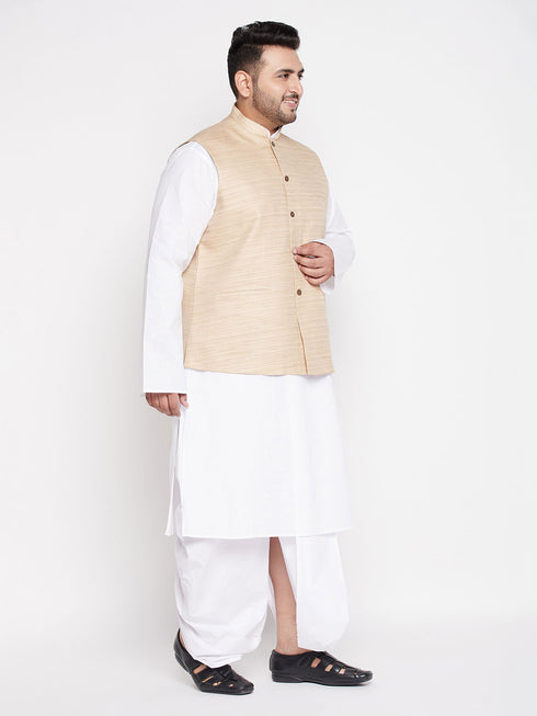 Men's Plus Size Beige Cotton Blend Jacket With White Kurta And Dhoti Set