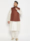 Men's Plus Size Coffee Matka Silk Nehru Jacket With Cream Silk Blend Kurta And Pant Style Pyjama Set
