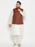 Men's Plus Size Coffee Matka Silk Nehru Jacket With Cream Silk Blend Kurta And Pant Style Pyjama Set