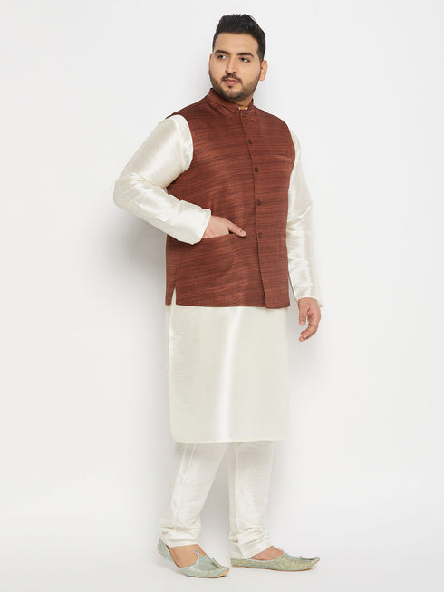 Men's Plus Size Coffee Matka Silk Nehru Jacket With Cream Silk Blend Kurta And Pant Style Pyjama Set