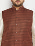 Men's Plus Size Coffee Matka Silk Nehru Jacket With Cream Silk Blend Kurta And Pant Style Pyjama Set