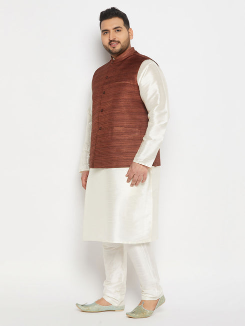 Men's Plus Size Coffee Matka Silk Nehru Jacket With Cream Silk Blend Kurta And Pant Style Pyjama Set