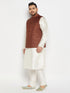 Men's Plus Size Coffee Matka Silk Nehru Jacket With Cream Silk Blend Kurta And Pant Style Pyjama Set
