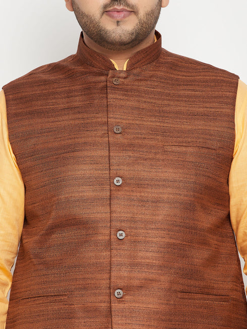 Men's Plus Size Fawn And Coffee Brown Cotton Blend Jacket Kurta Pyjama Set