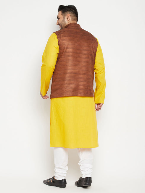 Men's Plus Size Mustard And Coffee Brown Cotton Blend Jacket Kurta Pyjama Set