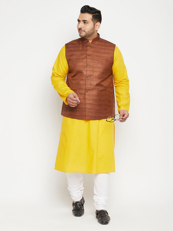 Men's Plus Size Mustard And Coffee Brown Cotton Blend Jacket Kurta Pyjama Set