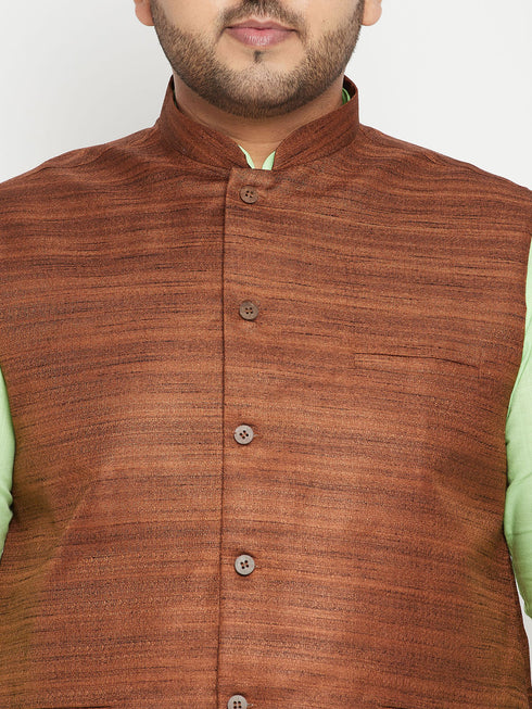 Men's Plus Size Mint Green And Coffee Brown Cotton Blend Jacket Kurta Pyjama Set