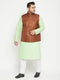 Men's Plus Size Mint Green And Coffee Brown Cotton Blend Jacket Kurta Pyjama Set