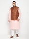 Men's Plus Size Pink And Coffee Brown Cotton Blend Jacket Kurta Pyjama Set