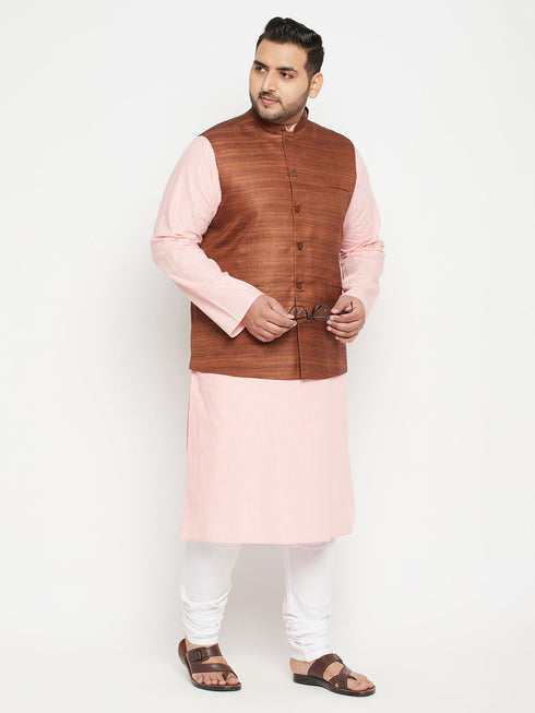 Men's Plus Size Pink And Coffee Brown Cotton Blend Jacket Kurta Pyjama Set