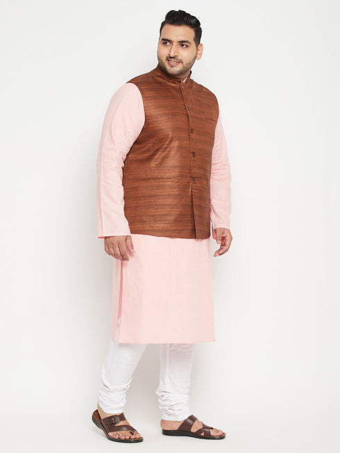 Men's Plus Size Pink And Coffee Brown Cotton Blend Jacket Kurta Pyjama Set