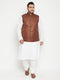 Men's Plus Size White And Coffee Brown Cotton Blend Jacket Kurta Pyjama Set