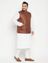 Men's Plus Size White And Coffee Brown Cotton Blend Jacket Kurta Pyjama Set