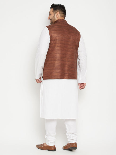 Men's Plus Size White And Coffee Brown Cotton Blend Jacket Kurta Pyjama Set