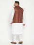 Men's Plus Size White And Coffee Brown Cotton Blend Jacket Kurta Pyjama Set