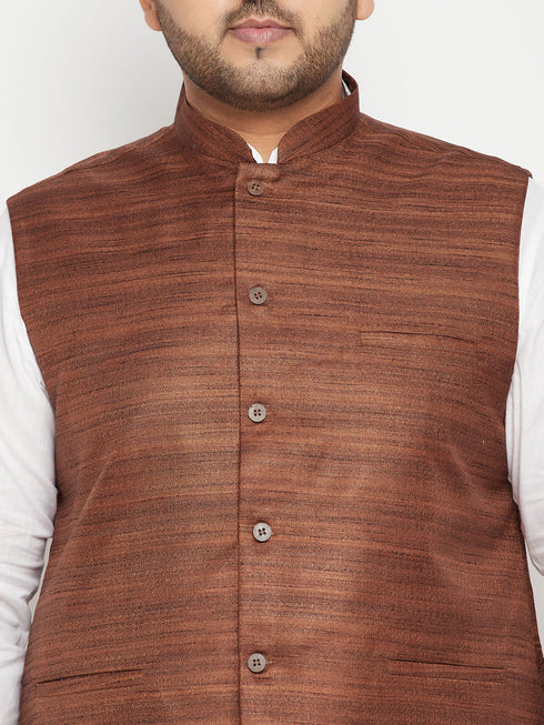 Men's Plus Size White And Coffee Brown Cotton Blend Jacket Kurta Pyjama Set