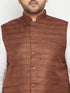 Men's Plus Size White And Coffee Brown Cotton Blend Jacket Kurta Pyjama Set