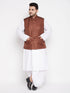 Men's Plus Size Coffee Cotton Blend Jacket With White Kurta And Dhoti Set