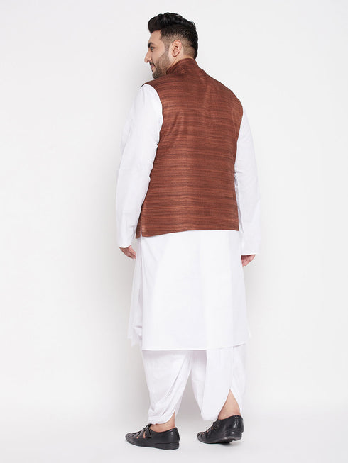 Men's Plus Size Coffee Cotton Blend Jacket With White Kurta And Dhoti Set