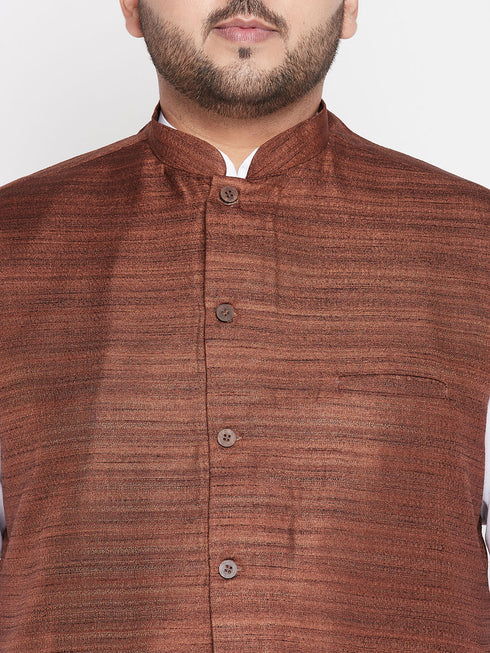 Men's Plus Size Coffee Cotton Blend Jacket With White Kurta And Dhoti Set