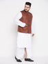 Men's Plus Size Coffee Cotton Blend Jacket With White Kurta And Dhoti Set