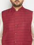 Men's Plus Size Maroon Matka Silk Nehru Jacket With Cream Silk Blend Kurta And Pant Style Pyjama Set