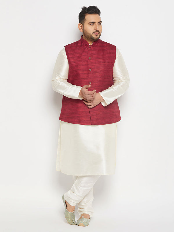 Men's Plus Size Maroon Matka Silk Nehru Jacket With Cream Silk Blend Kurta And Pant Style Pyjama Set