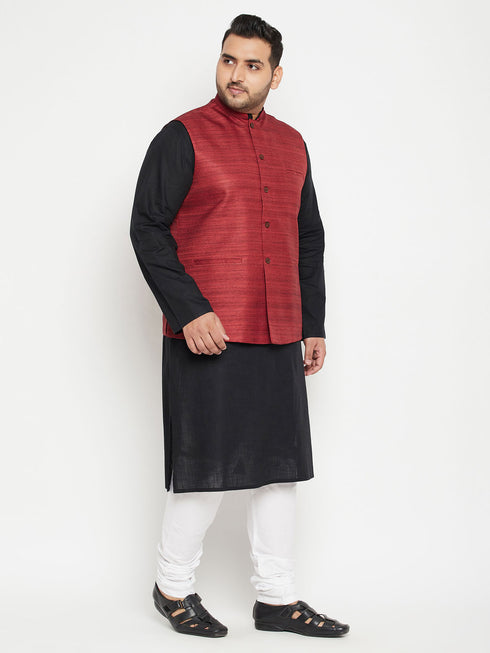 Men's Plus Size Black, Maroon Cotton Blend Jacket Kurta Pyjama Set