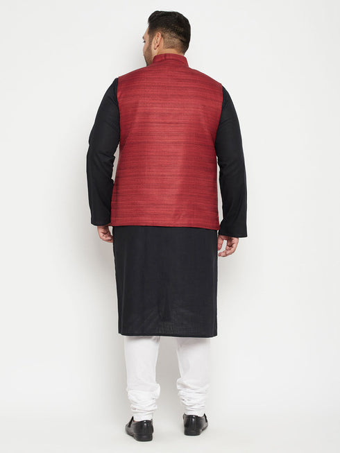 Men's Plus Size Black, Maroon Cotton Blend Jacket Kurta Pyjama Set