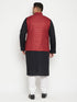 Men's Plus Size Black, Maroon Cotton Blend Jacket Kurta Pyjama Set