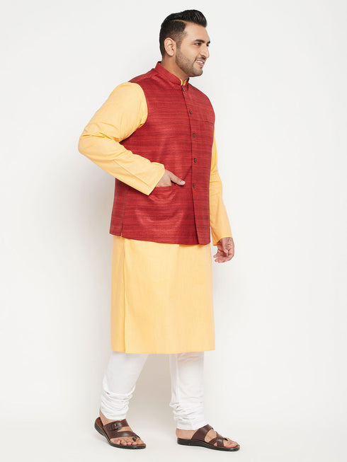 Men's Plus Size Fawn And Maroon Cotton Blend Jacket Kurta Pyjama Set