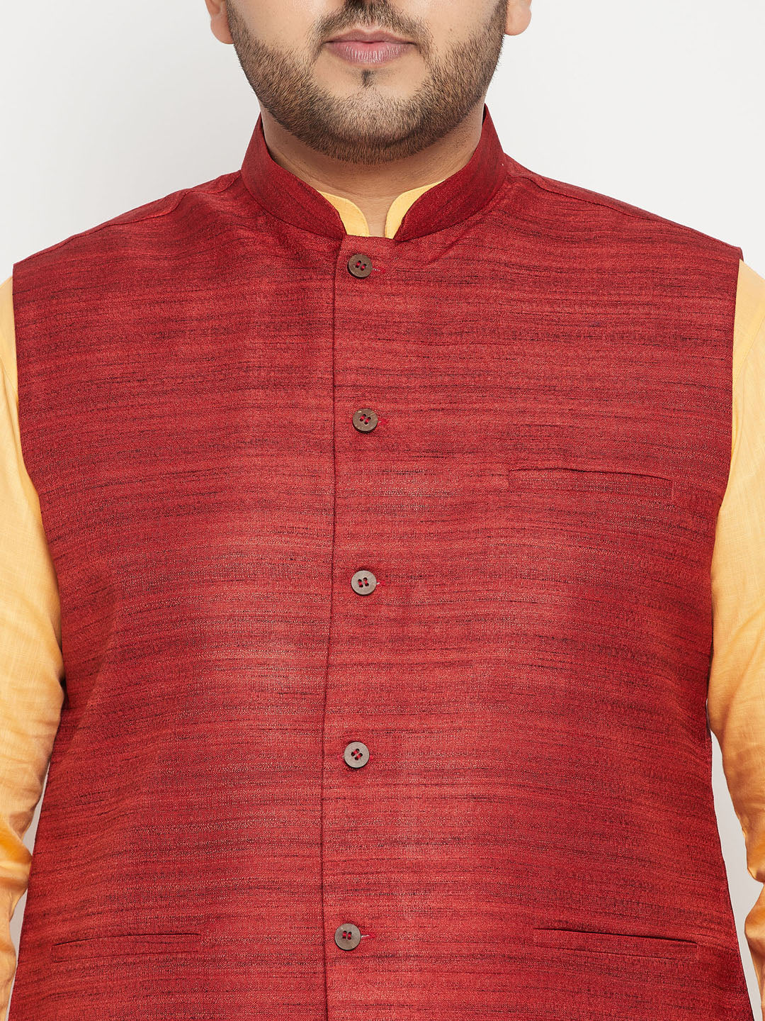 Men's Plus Size Fawn And Maroon Cotton Blend Jacket Kurta Pyjama Set