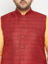 Men's Plus Size Fawn And Maroon Cotton Blend Jacket Kurta Pyjama Set