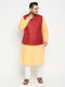 Men's Plus Size Fawn And Maroon Cotton Blend Jacket Kurta Pyjama Set