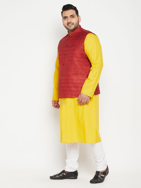 Men's Plus Size Mustard And Maroon Cotton Blend Jacket Kurta Pyjama Set