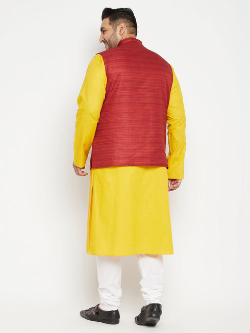 Men's Plus Size Mustard And Maroon Cotton Blend Jacket Kurta Pyjama Set
