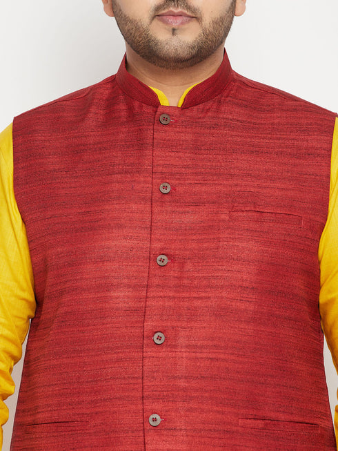 Men's Plus Size Mustard And Maroon Cotton Blend Jacket Kurta Pyjama Set