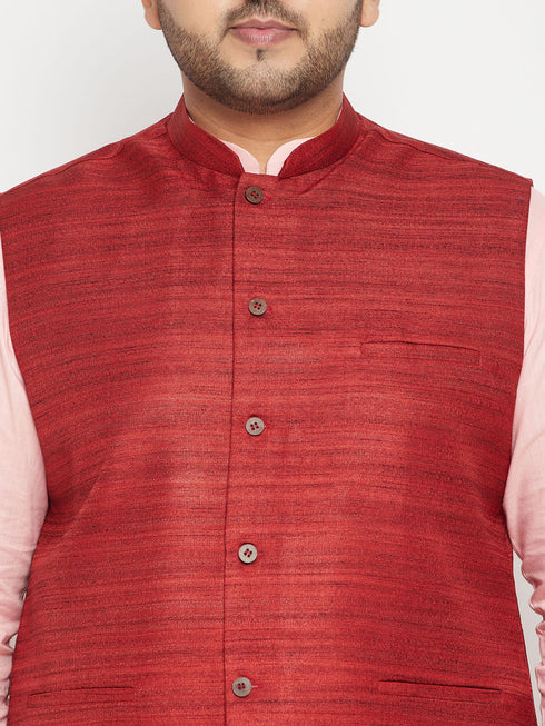 Men's Plus Size Pink And Maroon Cotton Blend Jacket Kurta Pyjama Set