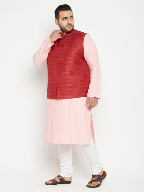 Men's Plus Size Pink And Maroon Cotton Blend Jacket Kurta Pyjama Set