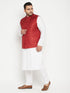 Men's Plus Size White And Maroon Cotton Blend Jacket Kurta Pyjama Set
